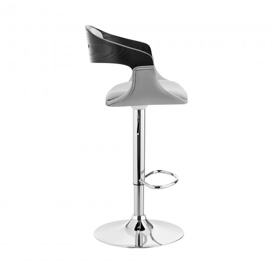 Benson Adjustable Gray Faux Leather and Black Wood Bar Stool with Chrome Base