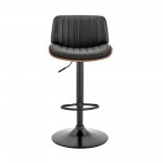 Brock Adjustable Black Faux Leather and Walnut Wood Bar Stool with Black Base