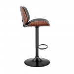 Brock Adjustable Black Faux Leather and Walnut Wood Bar Stool with Black Base