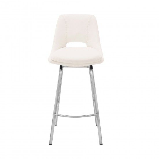 Carise White Faux Leather and Brushed Stainless Steel Swivel 26" Counter Stool