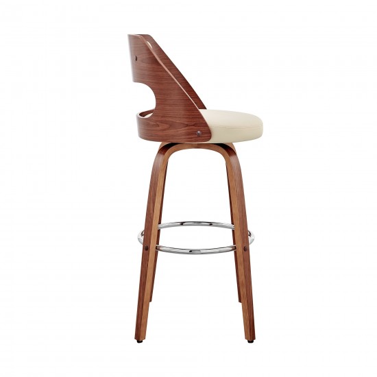 Julius 26" Cream Faux Leather and Walnut Wood Bar Stool