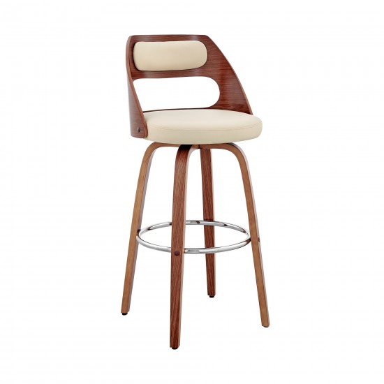 Julius 30" Cream Faux Leather and Walnut Wood Bar Stool