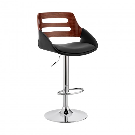 Karter Adjustable Black Faux Leather and Walnut Wood Bar Stool with Chrome Base