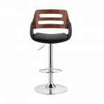 Karter Adjustable Black Faux Leather and Walnut Wood Bar Stool with Chrome Base