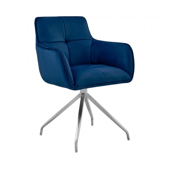 Noah Dining Room Accent Chair in Blue Velvet and Brushed Stainless Steel Finish