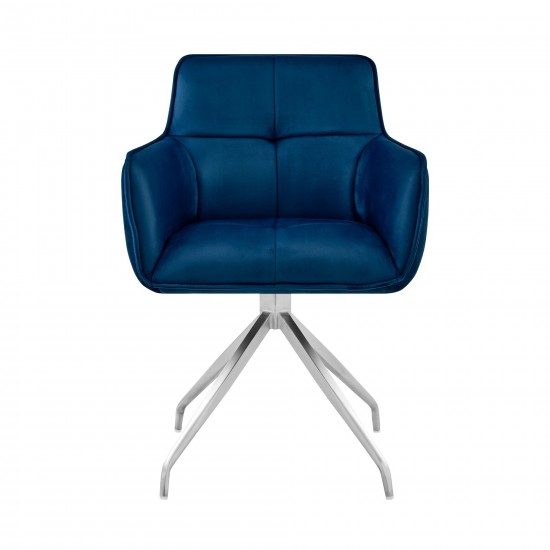 Noah Dining Room Accent Chair in Blue Velvet and Brushed Stainless Steel Finish