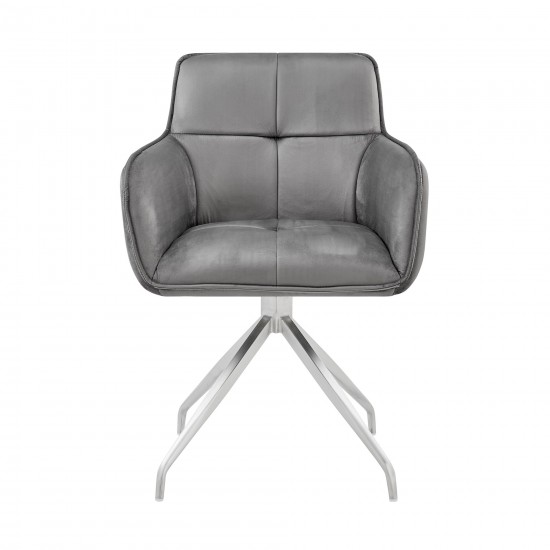 Noah Dining Room Accent Chair in Gray Velvet and Brushed Stainless Steel Finish