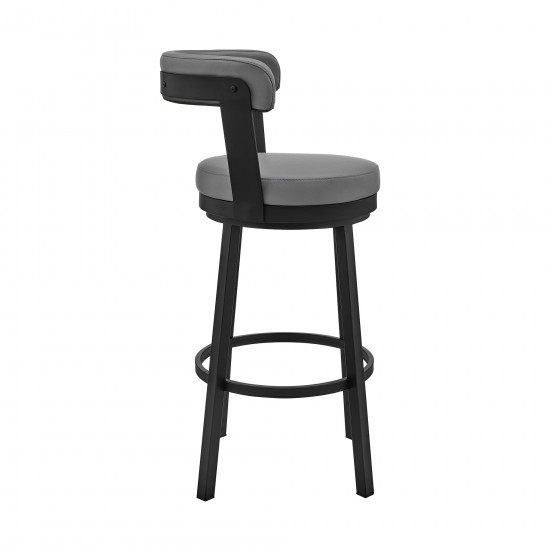 Kobe 30" Bar Height Swivel Bar Stool in Black Finish and Gray Faux Leather