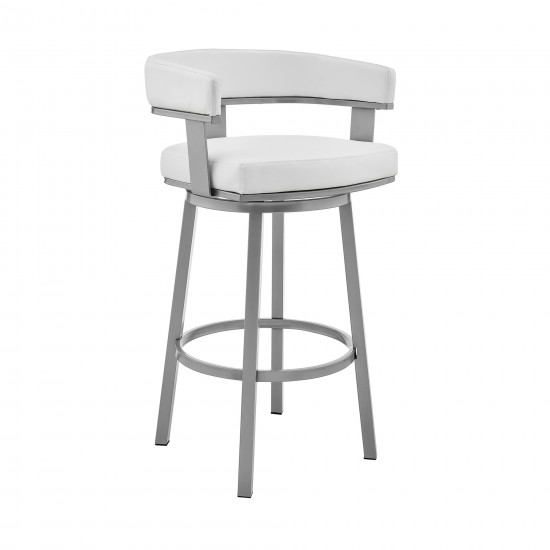 Cohen 30" Bar Height Swivel Bar Stool in Silver Finish with White Faux Leather