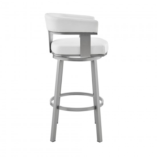 Cohen 30" Bar Height Swivel Bar Stool in Silver Finish with White Faux Leather