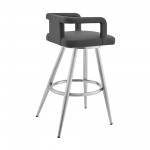 Gabriele 26" Gray Faux Leather and Brushed Stainless Steel Swivel Bar Stool