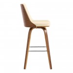 Nolte 30" Swivel Bar Stool in Cream Faux Leather and Walnut Wood