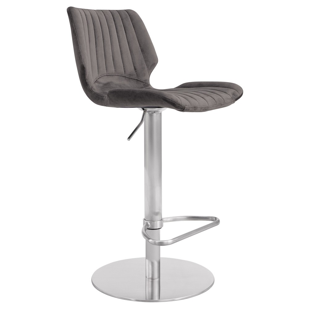 Oneida Adjustable Gray Velvet and Brushed Stainless Steel Bar and Counter Stool