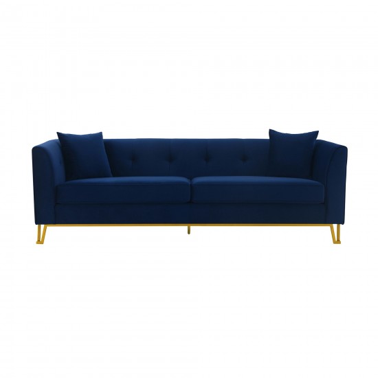 Everest 90" Blue Fabric Upholstered Sofa with Brushed Gold Legs