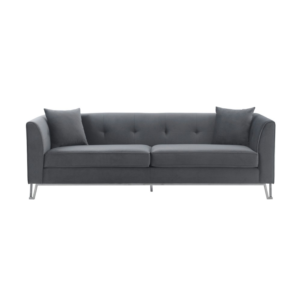 Everest 90" Gray Fabric Upholstered Sofa with Brushed Stainless Steel Legs