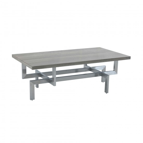 Illusion Gray Wood Coffee Table with Brushed Stainless Steel Base