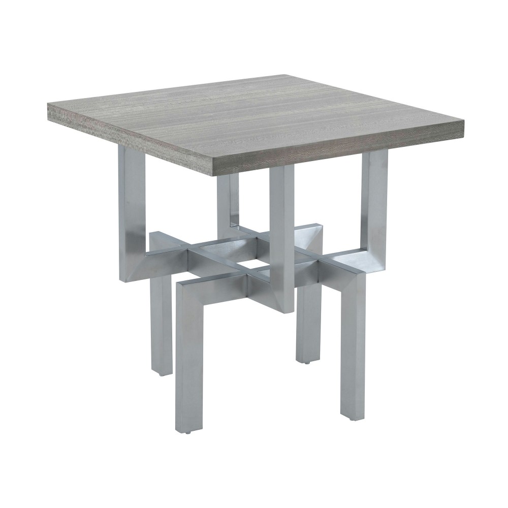 Illusion Gray Wood End Table with Brushed Stainless Steel Base