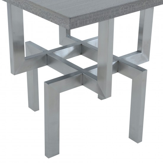 Illusion Gray Wood End Table with Brushed Stainless Steel Base