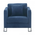 Heritage Blue Fabric Upholstered Accent Chair with Brushed Stainless Steel Legs