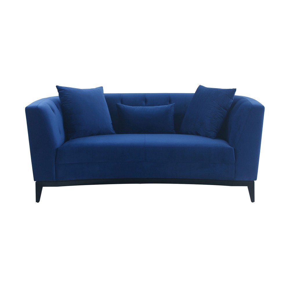 Melange Blue Velvet Upholstered Loveseat with Black Wood Base