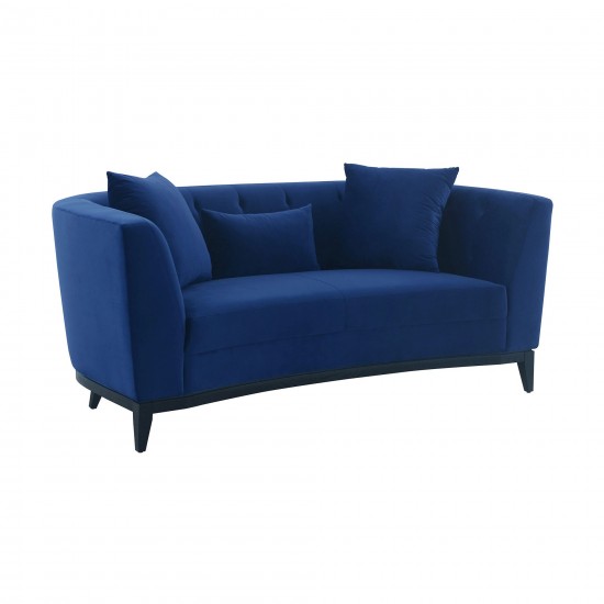 Melange Blue Velvet Upholstered Loveseat with Black Wood Base