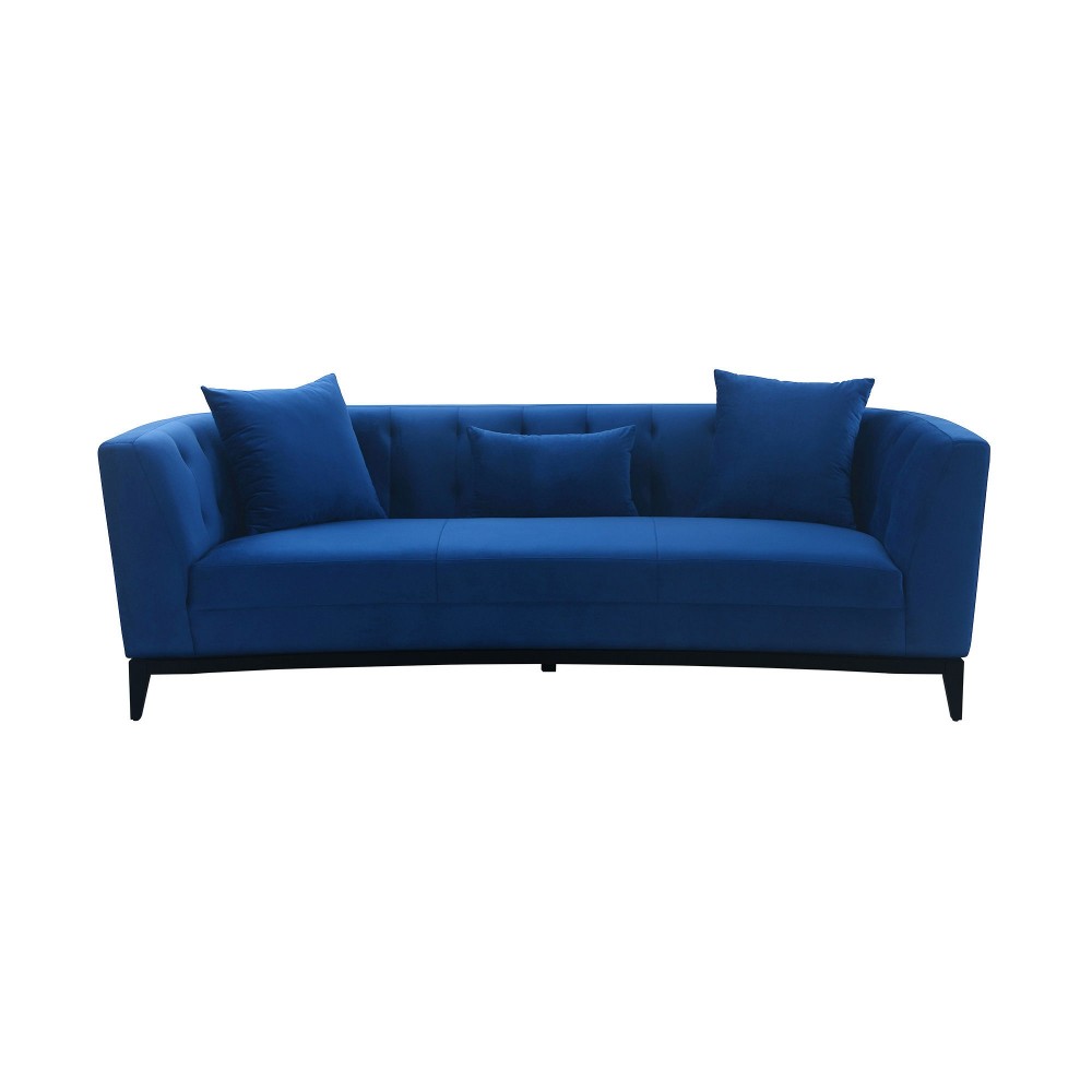 Melange Blue Velvet Upholstered Sofa with Black Wood Base