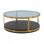 Hattie Glass Top and Walnut Wood Coffee Table with Brushed Gold Frame