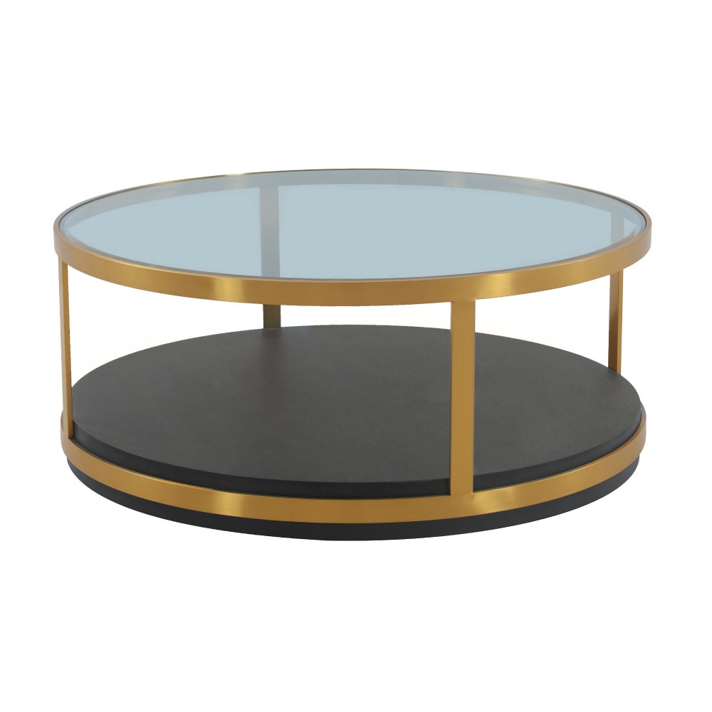 Hattie Glass Top and Walnut Wood Coffee Table with Brushed Gold Frame