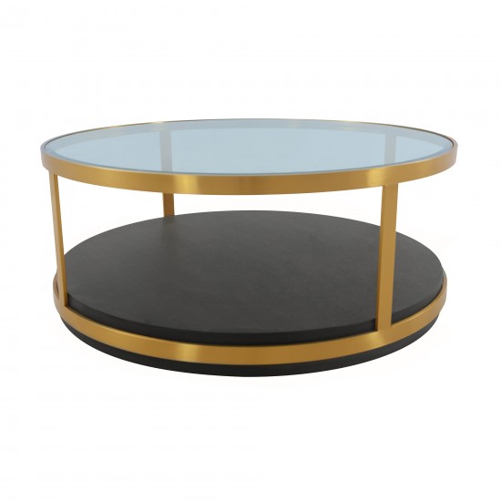 Hattie Glass Top and Walnut Wood Coffee Table with Brushed Gold Frame