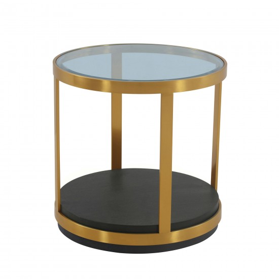 Hattie Glass Top and Walnut Wood End Table with Brushed Gold Frame