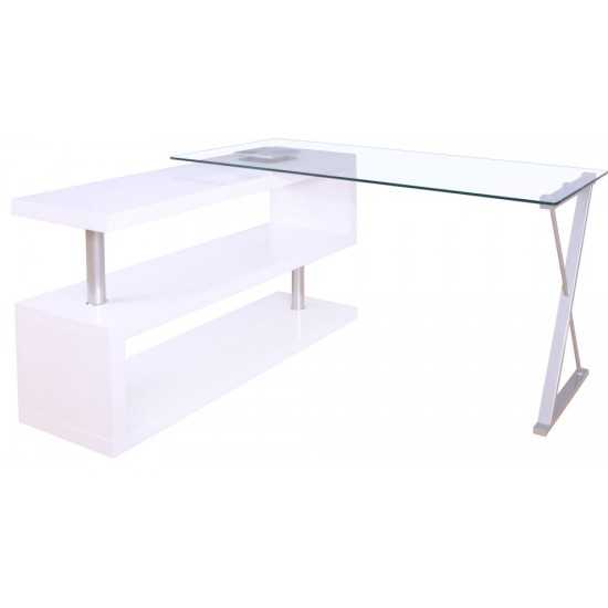 ACME Buck Desk w/Swivel, White High Gloss & Clear Glass