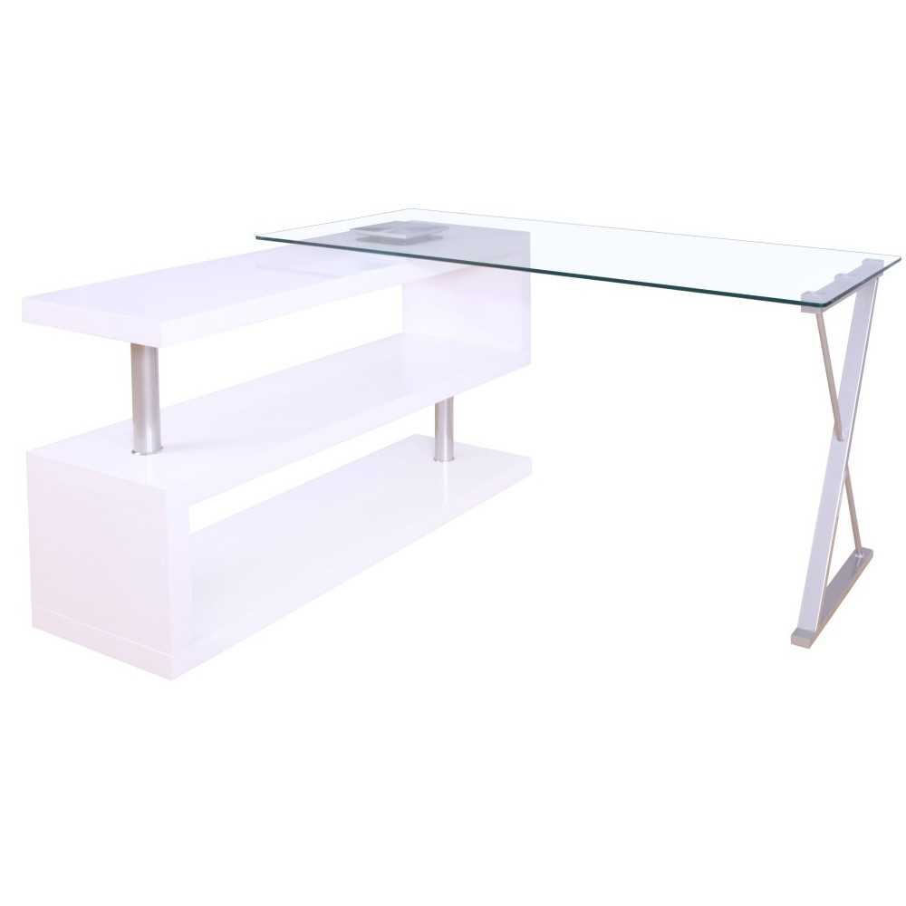 ACME Buck Desk w/Swivel, White High Gloss & Clear Glass