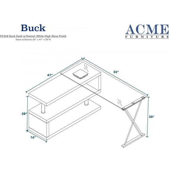 ACME Buck Desk w/Swivel, White High Gloss & Clear Glass