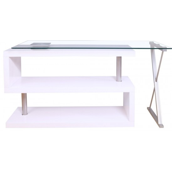 ACME Buck Desk w/Swivel, White High Gloss & Clear Glass