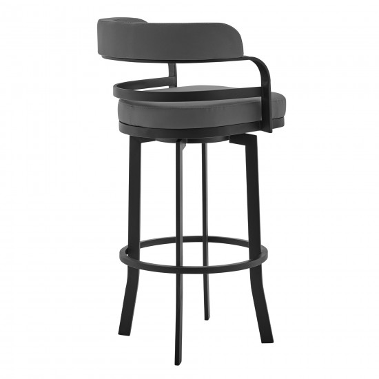 Prinz 30" Bar Height Swivel Grey Faux Leather and Black Metal Bar Stool