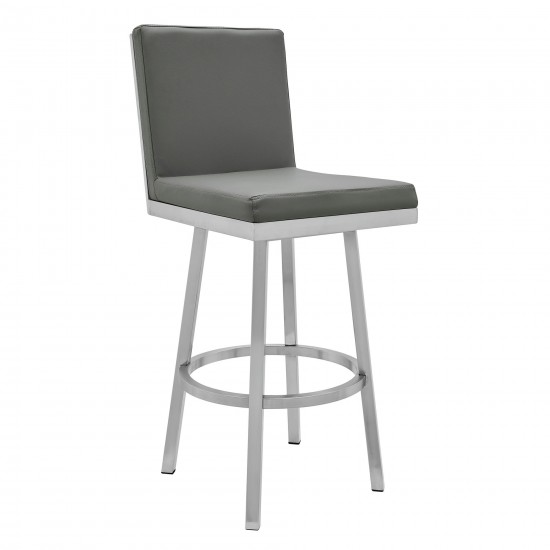 Rochester 26" Swivel Modern Brushed Stainless Steel & Grey Faux Leather Barstool