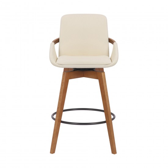 Baylor 26" Cream Faux Leather and Walnut Wood Swivel Bar Stool