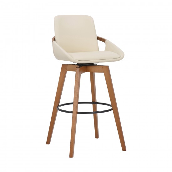 Baylor 30" Cream Faux Leather and Walnut Wood Swivel Bar Stool