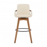 Baylor 30" Cream Faux Leather and Walnut Wood Swivel Bar Stool