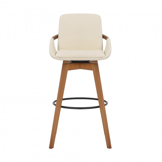 Baylor 30" Cream Faux Leather and Walnut Wood Swivel Bar Stool