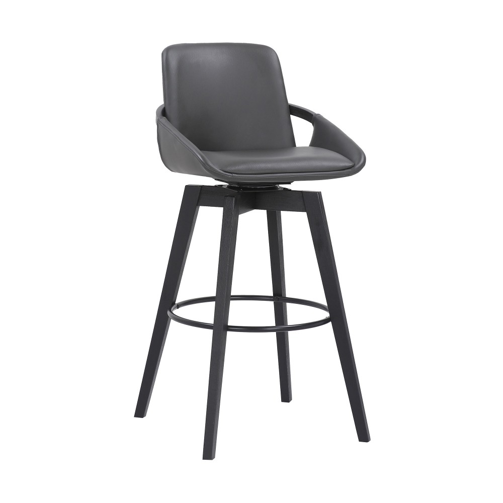 Baylor 30" Gray Faux Leather and Black Wood Swivel Bar Stool