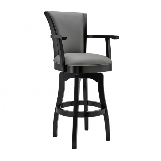 Raleigh 30" Bar Height Swivel Grey Faux Leather and Black Wood Arm Bar Stool