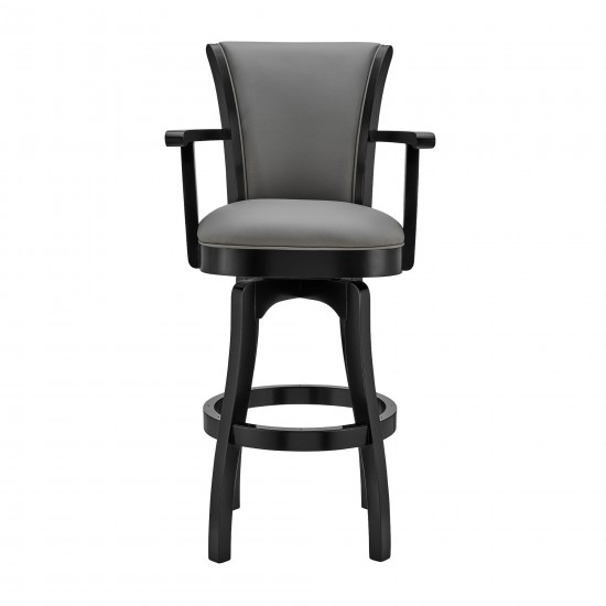 Raleigh 30" Bar Height Swivel Grey Faux Leather and Black Wood Arm Bar Stool