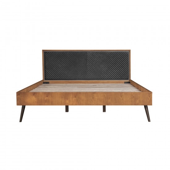Coco Rustic Oak Wood Upholstered Faux Leather King Platform Bed