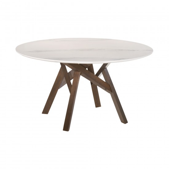 Venus 54" Round Modern White Marble Dining Table with Walnut Wood Legs