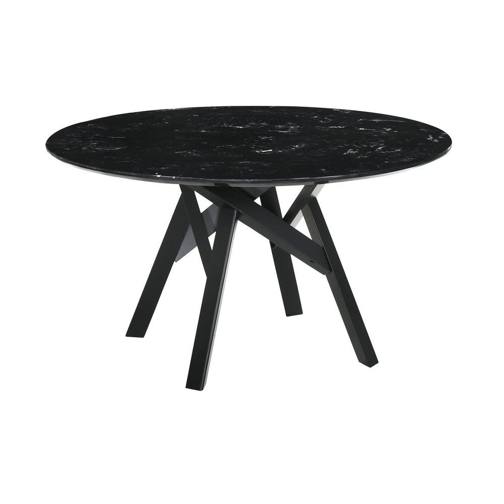 Venus 54" Round Modern Black Marble Dining Table with Black Wood Legs