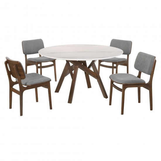 Venus and Lima 5 Piece Walnut and Marble Round Dining Set