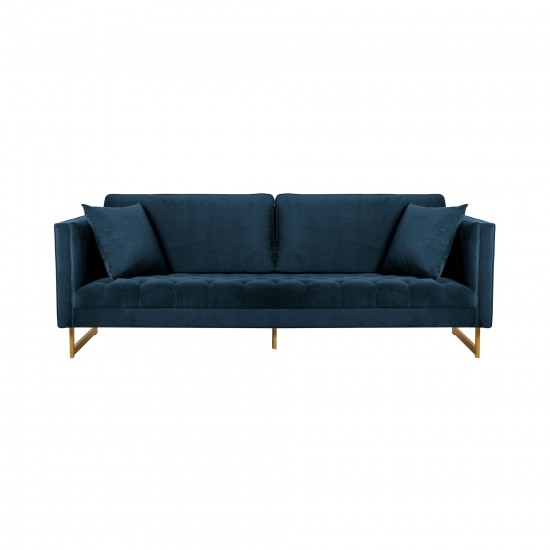 Lenox Blue Velvet Modern Sofa with Brass Legs