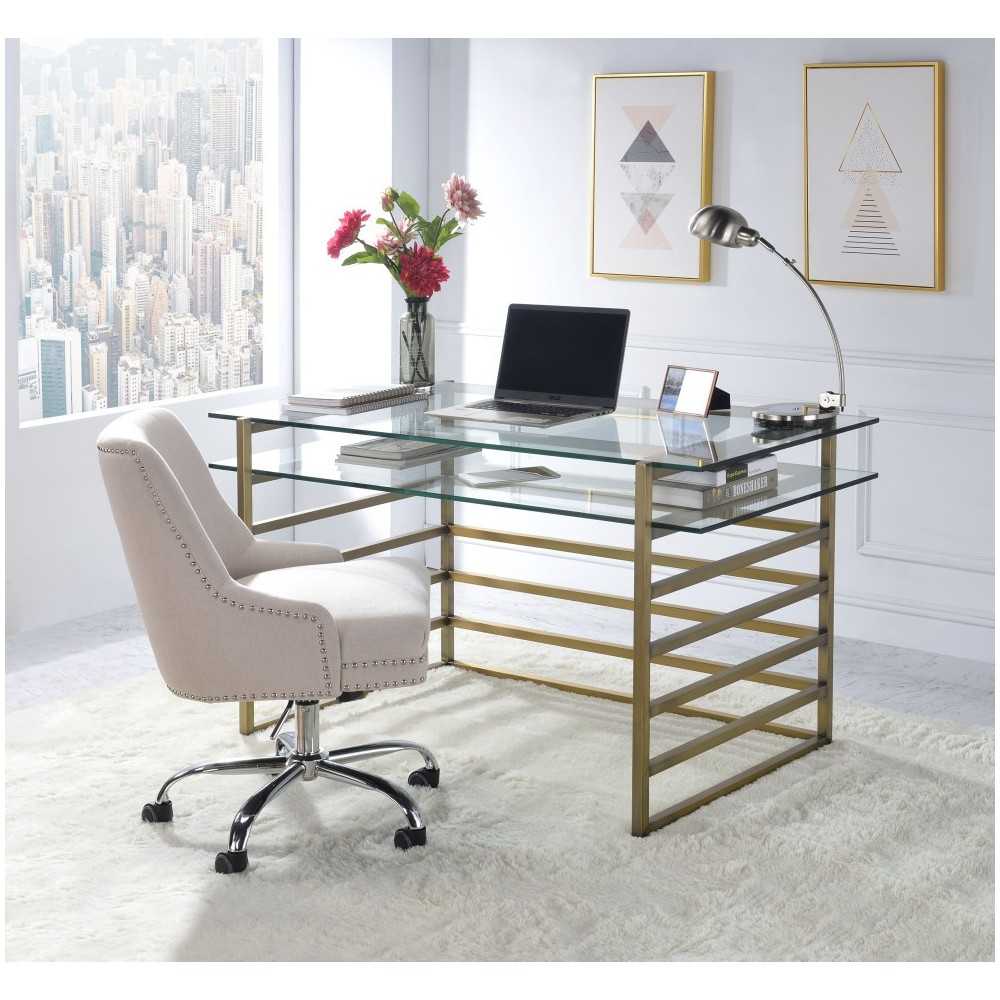 ACME Shona Desk, Antique Gold & Clear Glass