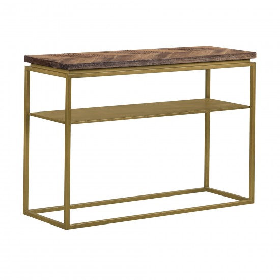 Faye Rustic Brown Wood Console Table with Shelf and Antique Brass Metal Base